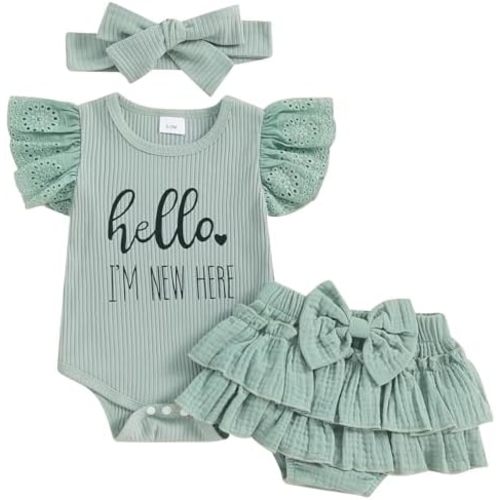 Mubineo Baby Girl Summer Clothes Hello Im New Here Outfits Newborn Romper Ruffle Skirt Shorts Coming Home Outfit