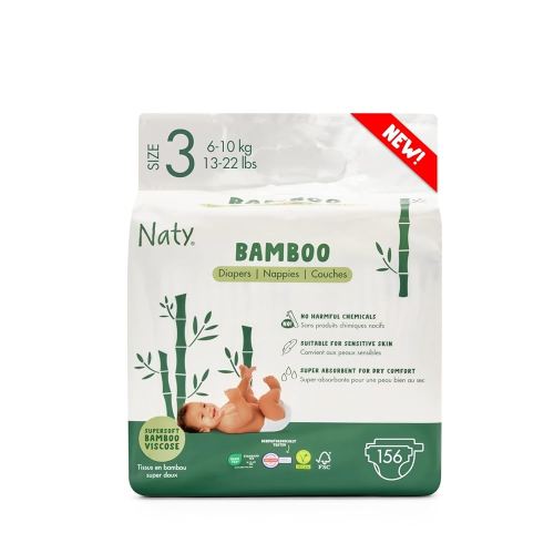 Naty Bamboo Viscose Baby Diapers – Silky Soft, Plant Based, Dermatologically Tested for Sensitive Skin & Super Absorbent (Size 3, 156 Count)