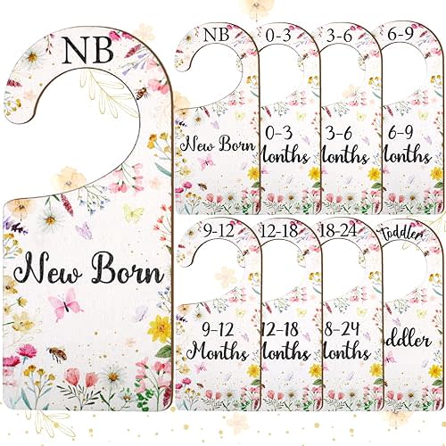 Baby Closet Dividers 8PCS, Wildflower/Floral Theme Wooden Double-Sided Clothes Size Hanger Organizer from Newborn to Toddler for Nursery Decor Baby Shower Birthday Gift