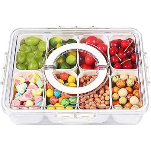 Snack Box Container，Divided Serving Tray with Lid and Handle Snackle Box Container, reusable leakproof organizing portable snacks platters clear organizer for candy fruits nuts party entertaining