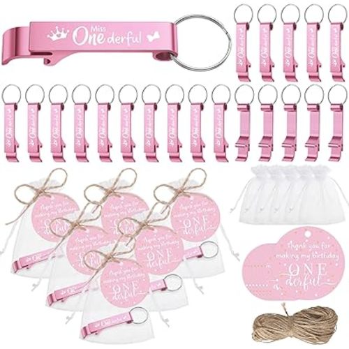 Maxcheck 50 Set First Birthday Party Favors for Adults Includes Onederful Bottle Opener Keychains 1st Birthday Favors Tags Organza Bags 1 Year Old Party Favor for Guests Return Gift(Pink,Miss.)