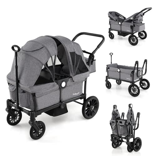 BABY JOY Wagon Stroller for 2 Kids, Collapsible Push Pull Double Stroller Wagon with Adjustable Handle Bar, Removable Canopy, Safety Harness, Cup Holder, Snack Tray & Storage Bag (Gray)