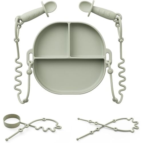 Andy Bear Silicone Plates for Babies with Suction Divided Baby Spoons Silicone Baby Toy Straps All-in-one Plates Silicone Placemat for Babies Toddlers Attachable Tethers & Built-in Suction Cups-Sage