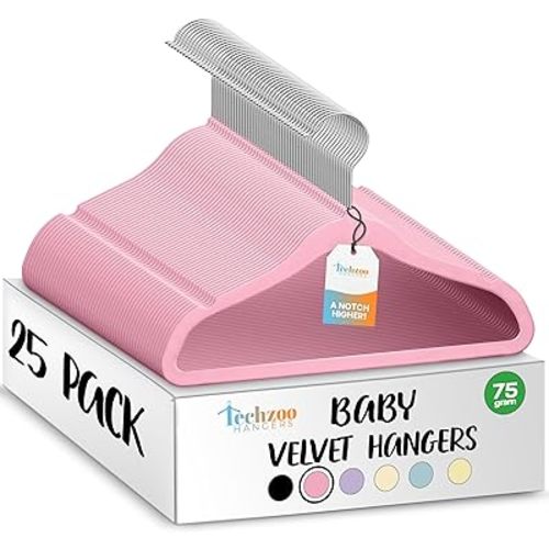 25 Premium Baby Velvet Hangers - 11.8 Inches Non-Slip & Ultra-Slim Baby Hangers for Space-Saving & Children Clothes - 360 Swivel Hook, Strong & Durable Infant & Toddler Clothes Hanger - Pink