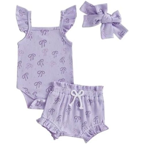 Partclots Infant Baby Newborn Girl Summer Outfit Sleeveless Ruffle Flower/bow/Butterfly Print Top Hairband 3Pcs Shorts Set