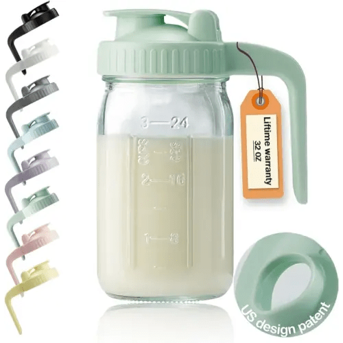 32oz Glass Pitcher with Lid & V-shaped Pour Spout - 1 Quart Breastmilk Pitcher Double Leak Proof, Creamer Container for Sun Tea, Juice, Cold Brew Coffee, Breastmilk Storage Container