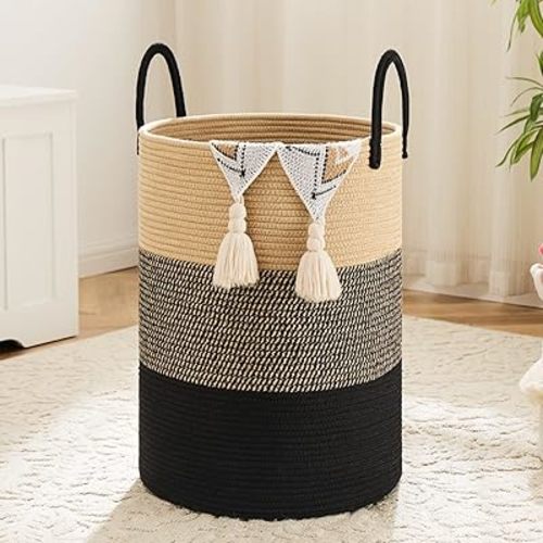 Laundry Basket,Woven Cotton Rope Laundry Hamper,60L for Decorative Storage of Dirty Clothes,Toys and Blankets in Bathroom,Bedroom and Living Room