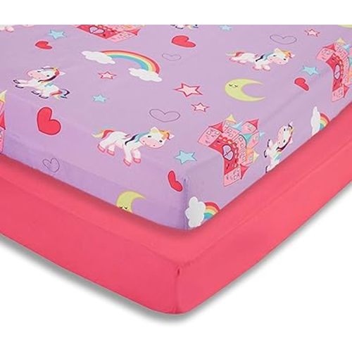 EVERYDAY KIDS 2 Pack Fitted Girls Crib Sheet, 100% Soft Breathable Microfiber, Baby Sheet, Fits Standard Size Crib Mattress 28in x 52in, Nursery Sheet - Unicorns/Hot Pink
