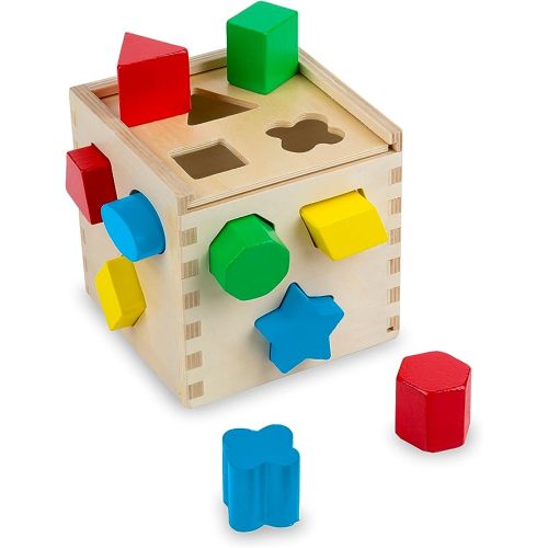 Melissa & Doug Shape Sorting Cube - Classic Wooden Toy With 12 Shapes - Kids Shape Sorter Toys For Toddlers Ages 2+