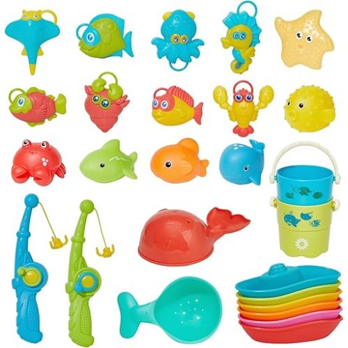 Toddler Bath Toys for Kids, 26 Pcs Mold Free Bathtub Water Toys with Fishing Rod Floating Boats Spoons Bucket No Hole Animals and Storage Bag, Pool Toys for Toddlers and Baby, Gifts for Girls and Boys