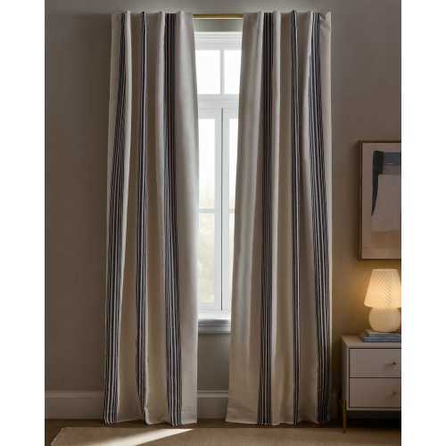 Coastal Stripe Linen Cotton True Blackout Curtain in Ivory/Navy