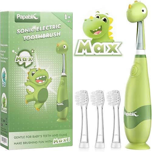 Papablic Toddler Sonic Electric Toothbrush Kids for Ages 1-3 Years, Baby Electric Toothbrush with Cute Dino Cover and Smart LED Timer, 4 Brush Heads (Max)