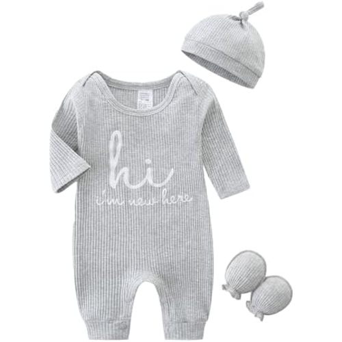 Babymine Newborn Unisex Baby Clothes 0-3 Months,Long Sleeve Onesie Infant Coming Home Outfits Romper with Mittens & Hat