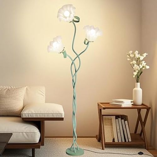 Flower Floor Lamp, 3 Color Modes LED Modern Standing Lamps with 3 Heads Bulb Flexible Neck Shaft Vintage Corner Floor Lamp for Living Room, Bedroom Office Reading Decor (Green)
