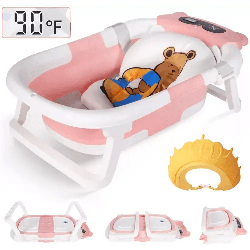 TOPCHANCES Foldable Baby Bathtub for Infants to Toddler, Portable Travel Bathtub with Bath Cushion & Bath Cap, Baby Bathtub for Newborn 0-12 Month (Pink)