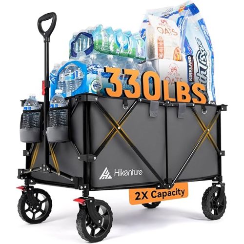 Hikenture Collapsible Wagon 330LBS Capacity, 200L Extra Large Wagons Carts Foldable, Heavy Duty Folding Wagon with All-Terrain Wheels, Utility Beach Wagon for Outdoor Garden