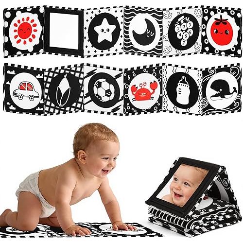 High Contrast Baby Toys for Newborn – Black White Tummy Time Mirror Toy, Crinkle Sensory Baby Book 0-6 Months for Newborns, Attach to Crib/Stroller/Car Seat