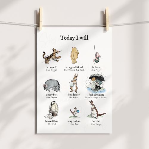 Winnie-the-Pooh Nursery Wall Art, Positive Affirmations Classic Pooh and Friends, Unframed Print