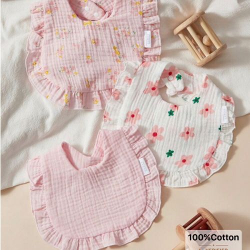 3pcs Set Cotton Muslin Bibs With Soft Ruffled Edges For Infants for Sale Australia| New Collection Online| SHEIN Australia