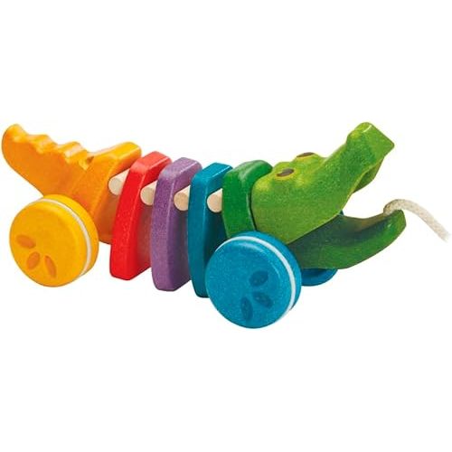 PlanToys Dancing Alligator Push & Pull Toy - Sustainably Made from Rubberwood, Makes Click-Clack Sounds and Dancing Movements when Pulled (Rainbow)