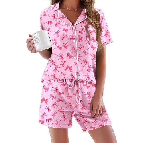 Ekouaer Pajamas Set for Women Short Sleeve Sleepwear Button Down Pjs Soft 2 Piece Lounge Sets XS-XXXL
