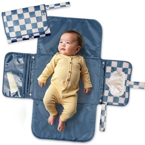 Tiny Twinkle Portable Diaper Changing Pad-Foldable Waterproof Changing Mat&Portable Changing Pad for Travel,Baby Changing Station with Smart Wipes Pocket&Storage (Blue Checkers)