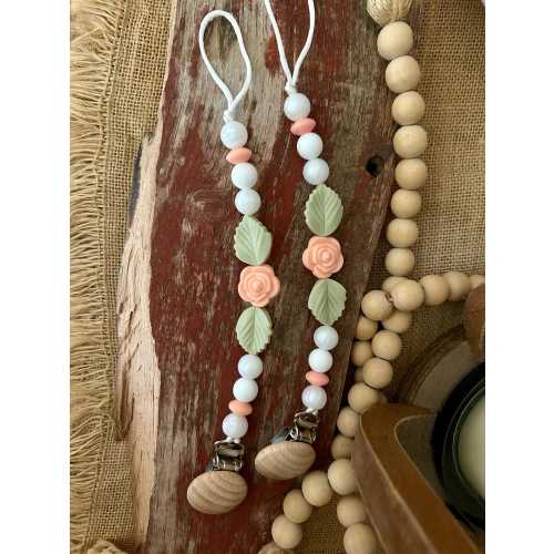 ROSE, silicone bead pacifier clip, sage green leaf, white neutral, baby girl shower gift, infant essential, peach, accessory, adorable, cute