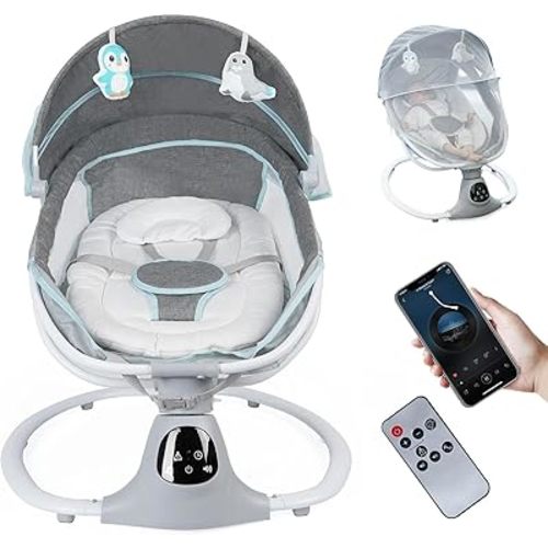Electric Baby Swing for Infants to Toddler, Portable Swing Baby Rocker with 5 Point Harness, 5 Sway Speed, Bluetooth,12 Preset Lullabies with Remote Control, Infant Swing for Baby Boys & Girls, Grey