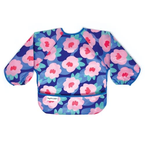 Tiny Twinkle Mess Proof Baby Bib|Waterproof Smock Bib for Eating,Machine Washable Full Sleeve with Pocket(Floral Blue, Small 6-24 Months)