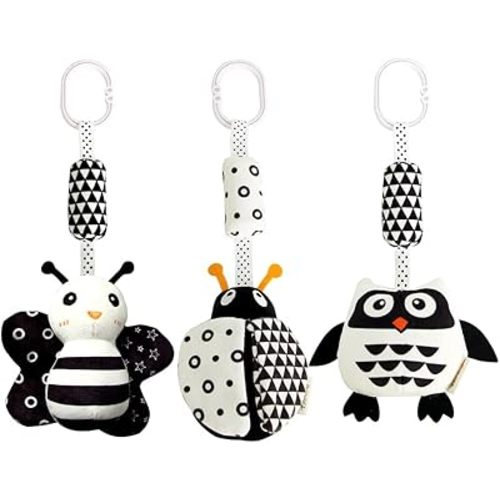 KAKIBLIN Baby Hanging Toy,3 Pack Black and White Baby Toys for 3 6 9 12 Months, High Contrast Hanging Baby Toys,Plush Soft Stroller Rattles Toys for Boys and Girls(21CM, Ladybug,Bee & Owl)