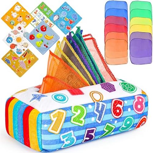 Joyreal Baby Tissue Box Toy, Montessori Toys for Baby with 12 Pcs Colorful Washable Cloth Tissues, Early Development Sensory Toys Educational Preschool Learning for Toddlers Infants - A