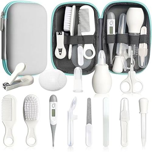 Baby Healthcare and Grooming Kit, 14 in 1 Baby Safety Set Newborn Nursery Health Care Set with Hair Brush Scale Nail Clippers for Baby Girls Boys (14 Kits Grey White)
