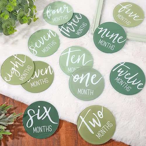 12Pcs Baby Monthly Milestone Cards Cursive Script Acrylic Marker Discs Green Announcement Sign Newborn Photography Props for Pregnancy Baby Shower Party Gift Supplies