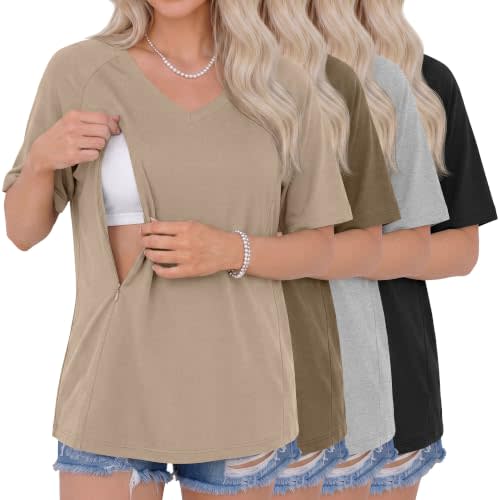 4 Pack Women's Oversized Nursing Shirts for Breastfeeding Hidden Zipper Short Sleeve Loose Fit Maternity Tops