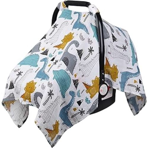 Rquite Car Seat Cover Baby, Carseat Covers Baby for Girl Boy, Muslin Cotton Infant Car Seat Cover, Lightweight Car Seat Canopy, Breathable Baby Carrier Cover, Summer Stroller Sun Shade, Dinosaurs