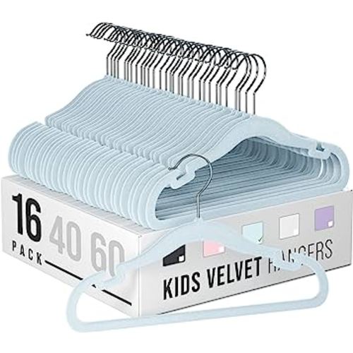 Clothes Baby Hangers for Closets - Unique Notches for Non Slip. Heavy-Duty Velvet Kids & Toddler Hangers for Closet | Ultra Thin Design for Space Saving. Ganchos De Ropa para Bebe (16 Pack Blue)