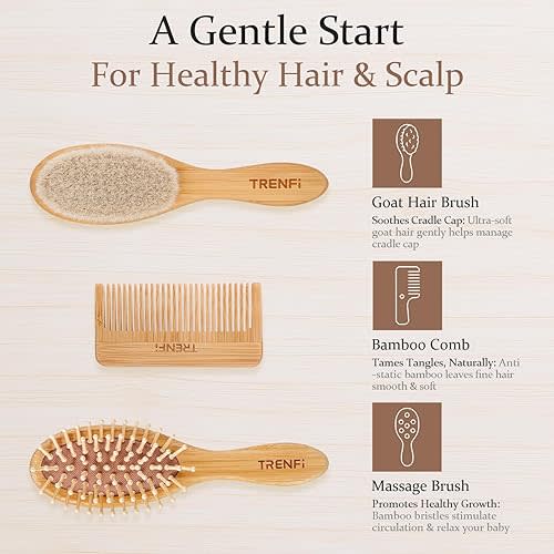 Bamboo Baby Hair Brush & Comb Set (3-Piece) | Ultra-Soft Natural Goat Bristles for Newborns | Gentle Scalp Massage & Detangling Kit | Perfect Baby Registry & Shower Gift
