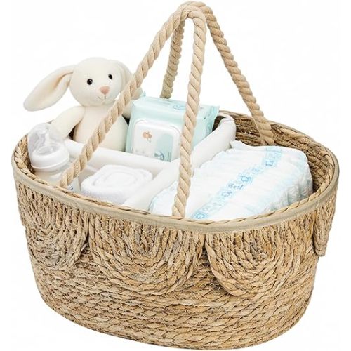 Lawei Little Diaper Caddy Organizer, Handwoven Natural Rush Grass Nursery Baby Basket with Removable Cotton Divider, Portable Rattan Diaper Storage Basket Bin for Changing Table, Baby Shower Gifts