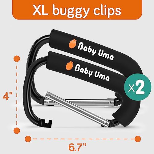 Stroller Hooks Large Carabiner Clip - Carabiner Large, Baby Stroller Hooks for Hanging Bags, Stroller Accessories, Mommy Hook for Stroller, Carry 11 lb per Stroller Hook, Baby Uma, 2 Pack, 6.7″ x 4″ - Black & Silver XL