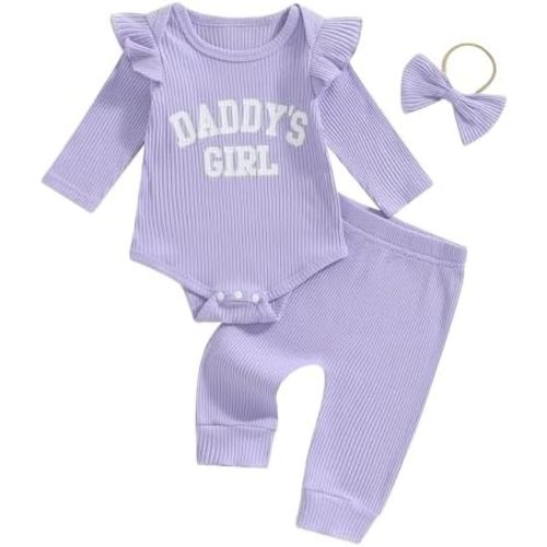Tsnbre Newborn Baby Girl Outfits Daddys Girls Ruffle Long Sleeve Romper Top Pants Headband Infant Fall Winter Clothes