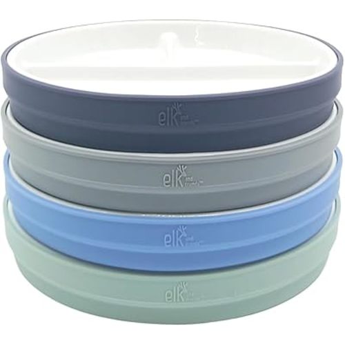 Elk and Friends Kids 7.8” Porcelain White Plates with Silicone Sleeves | Divided Plates | Suitable for Kids/Toddlers | Microwave & Dishwasher Safe | Non Slip | Snack Dishes…