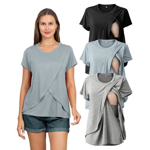 Rnxrbb 3 Pack Women's Nursing Tops for Breastfeeding Summer Short Sleeve T Shirts Postpartum Double Layer Clothes