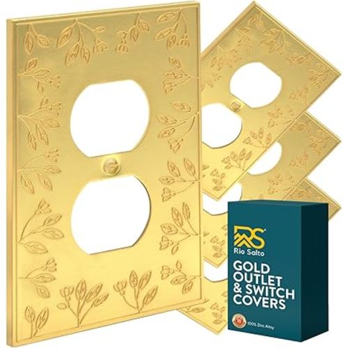 Rio Salto Metal Floral Decorative Outlet Cover Light Switch Cover Plate Outlet Flower Switch Covers for Electrical Outlets Duplex 1-Gang 4 pack High-Contrast Yellow-Gold