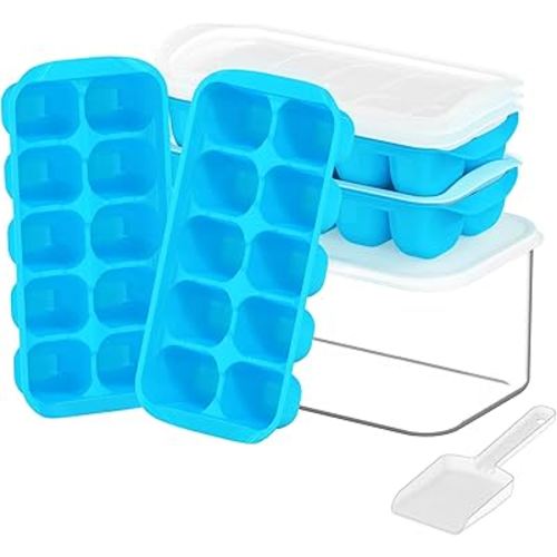 DOQAUS Ice Cube Tray with Lid and Bin, 4 Pack Ice Trays for Freezer, Easy Ice Pop Out Silicone Ice Cube Trays for Freezer with Cover, Stackable Storage Compact Ice Bucket Kits for Popsicles