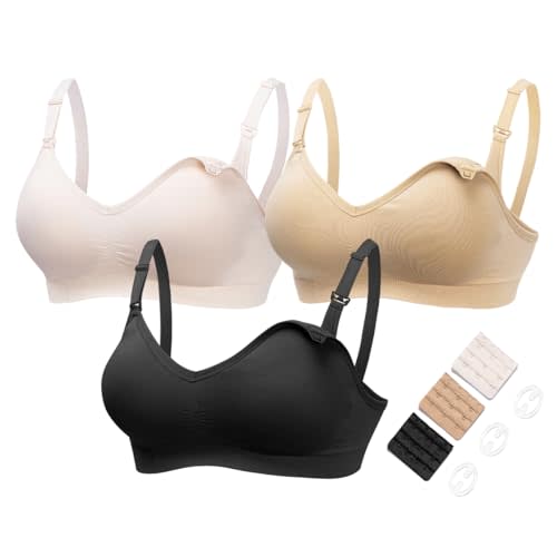 HOFISH Maternity Nursing Bras for Breastfeeding, 3 Pack Pregnancy Deep V Neck Wireless Bra with Extenders & Clips