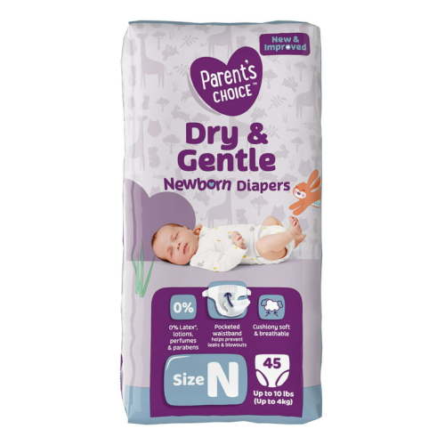 Parent's Choice Dry & Gentle Diapers, Size NB, 45 Count