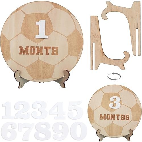 Wooden 3D Baby Monthly Milestone Cards Monthly Milestone Discs Newborn Photography Props Baby Announcement Sign Baby (Soccer)