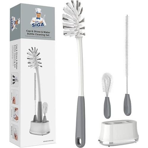 MR.SIGA Lot de 3 brosses de nettoyage avec support de rangement, brosses de nettoyage pour bouteilles longues et étroites, bouteilles d'eau, biberons, gobelets, Strews