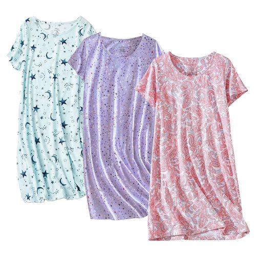 PNAEONG 3 Pack Women's Cotton Nightgown Sleepwear Short Sleeves Shirt Casual Print Sleepdress