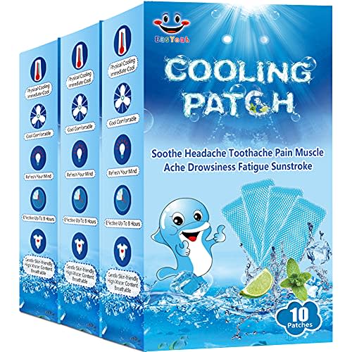 EASYEAH 30 Sheets Cooling Patches for Fever Discomfort & Pain Relief, Cooling Relief Fever Reducer, Soothe Headache Pain, 10 Count Per Box (3 Boxes)